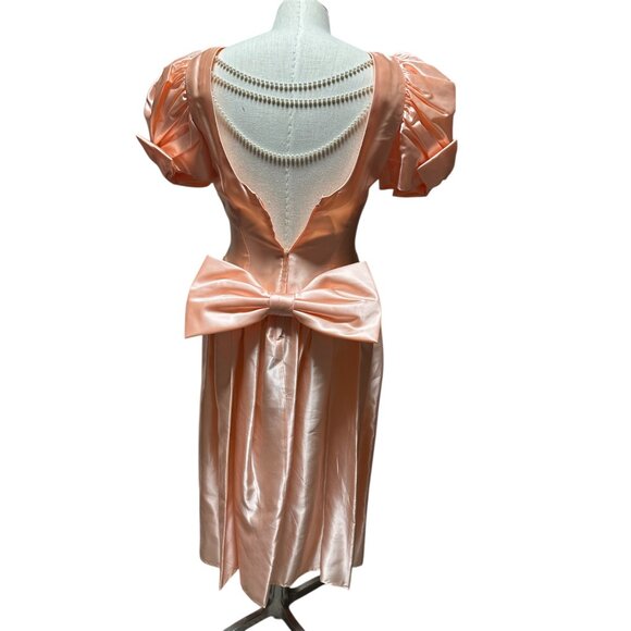 Vtg 80s JCPenney Peach Satin Prom/Bridesmaid Dress Puff Sleeves Big Bow Back USA - Picture 10 of 14